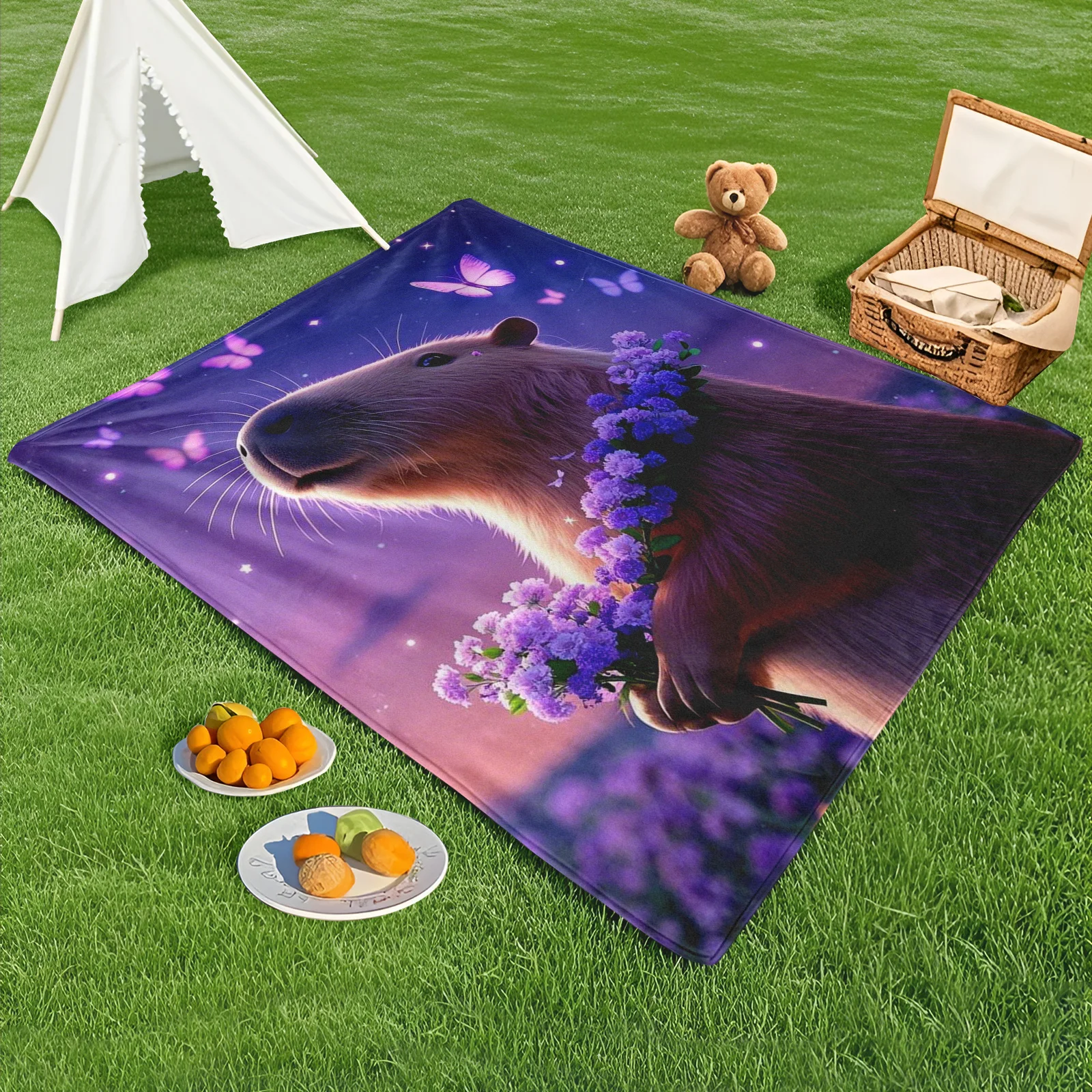 Dreamy Capybara With Floral Wreath Purple Butterfly Themed Outdoor Blanket For Camping Adventures And Whimsical Nature Comfort