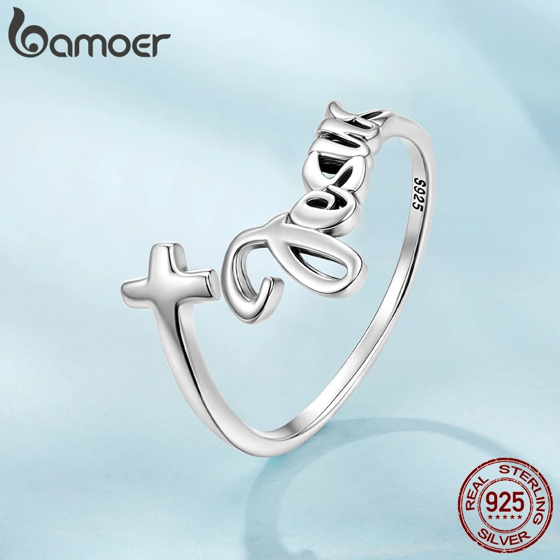 Bamoer S925 Sterling Silver Original Faith Cross Ring Adjustable Open Rings Oxidized Bless for Women Girls Faith Jewelry Gifts