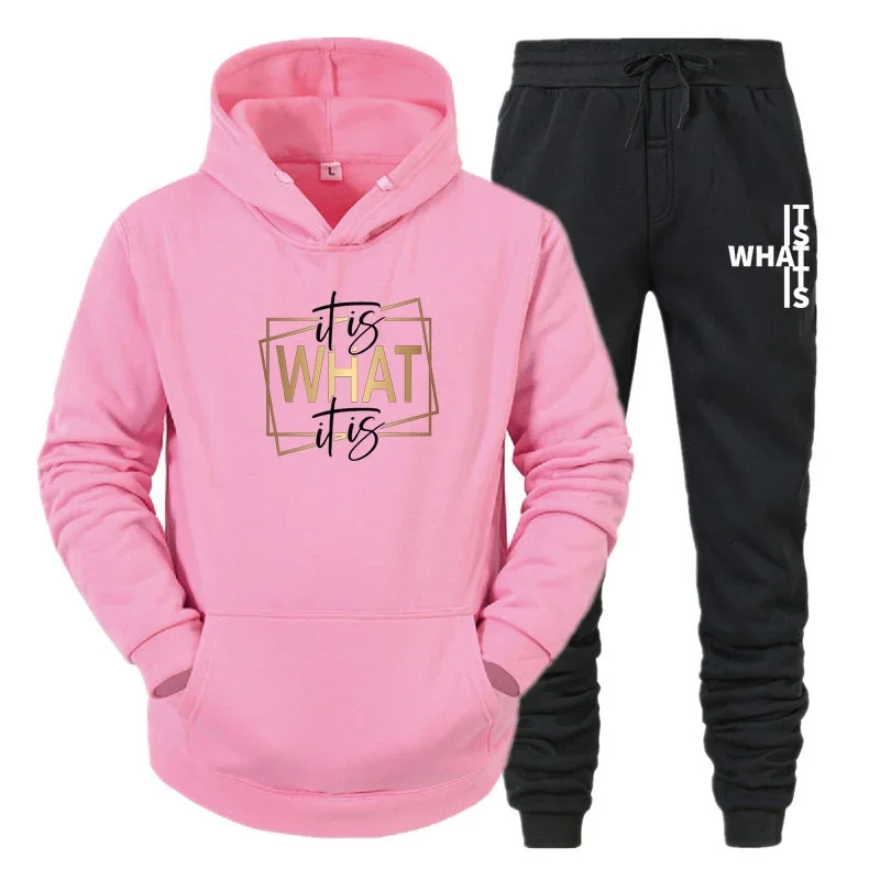 It Is What It Is Print Women Sport Tracksuit Casual Hoody Sweatshirt and Black Sweatpants 2 Piece Set Outdoor Clothing Outfit