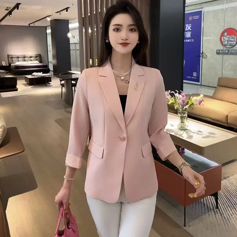 سترة نسائية قصيرة الأكمام بقصة ضيقة، أسلوب عصري، خامة خفيفة، إصدار جديد لربيع وصيف، مناسبة للعمل والأناقة اليومية