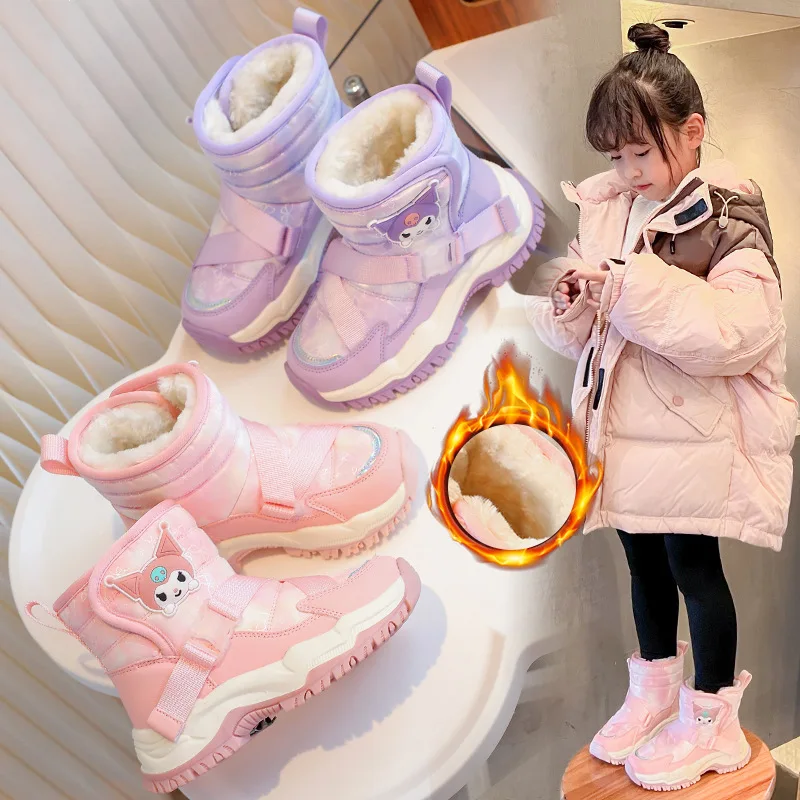 Kuromi Cotton Shoes Girl Cotton Boots Leather Sanrios Water Proof Rubber Sole Anti-Slip Shoe Kawaii Child Thicken Keep Warm