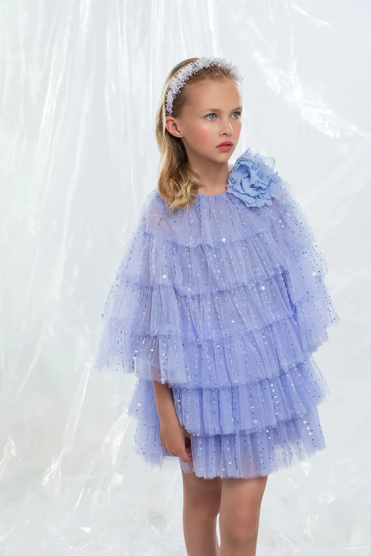 Gaun Gadis Bunga Tulle Renda untuk Pernikahan Payet Gemerlapan Berlapis Bunga Gadis Kecil Pemotretan Gaun Pesta Ulang Tahun Disesuaikan