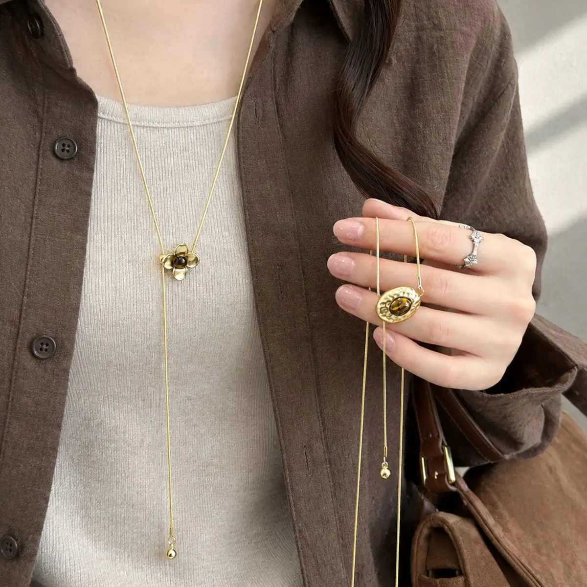 Necklace Irregular Heart Slider Long Sweater Chain Engraved Pendant Adjustable Layered Metal Silver Tone Lightweight Women Daily