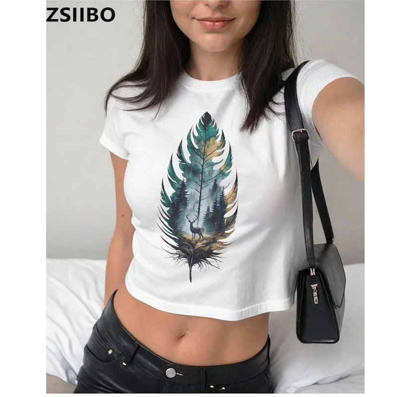 

2025 New Crop Top Short Sleeve Skinny T-shirt Summer Casual pure cotton Tee Y2K Vintage deer&leaf print Top Harajuku Streetwear