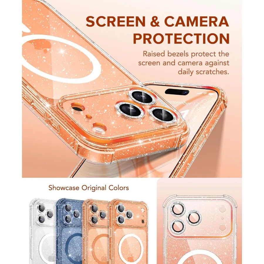 Étui de protection transparent scintillant pour iPhone 17 Pro pour femme, compatible avec MagSafe, conception antichoc avec technologie anti-jaunissement