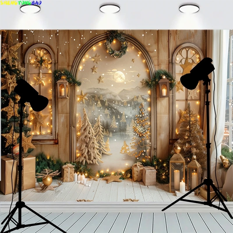 

Wooden Floor Window Background Christmas Day Fireplace Living Room Decoration Family Party New Year Photography Backdrops AC-03