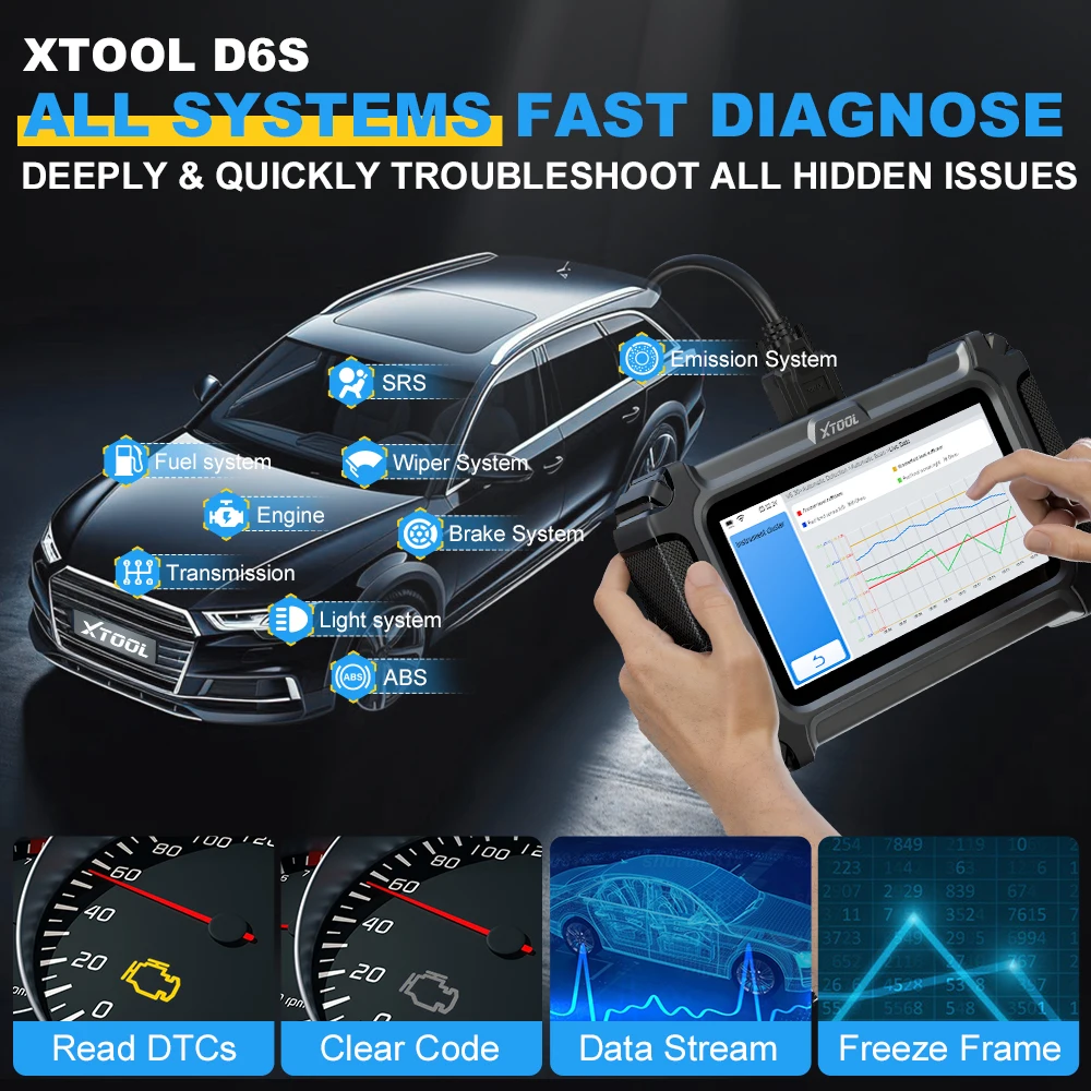 XTOOL D6S Automotive Diagnostic Tools ECM TCM ABS SRS EPB Car obd2 Scanner Lifetime Free Update FCA Autoauth 30 Resets CAN FD