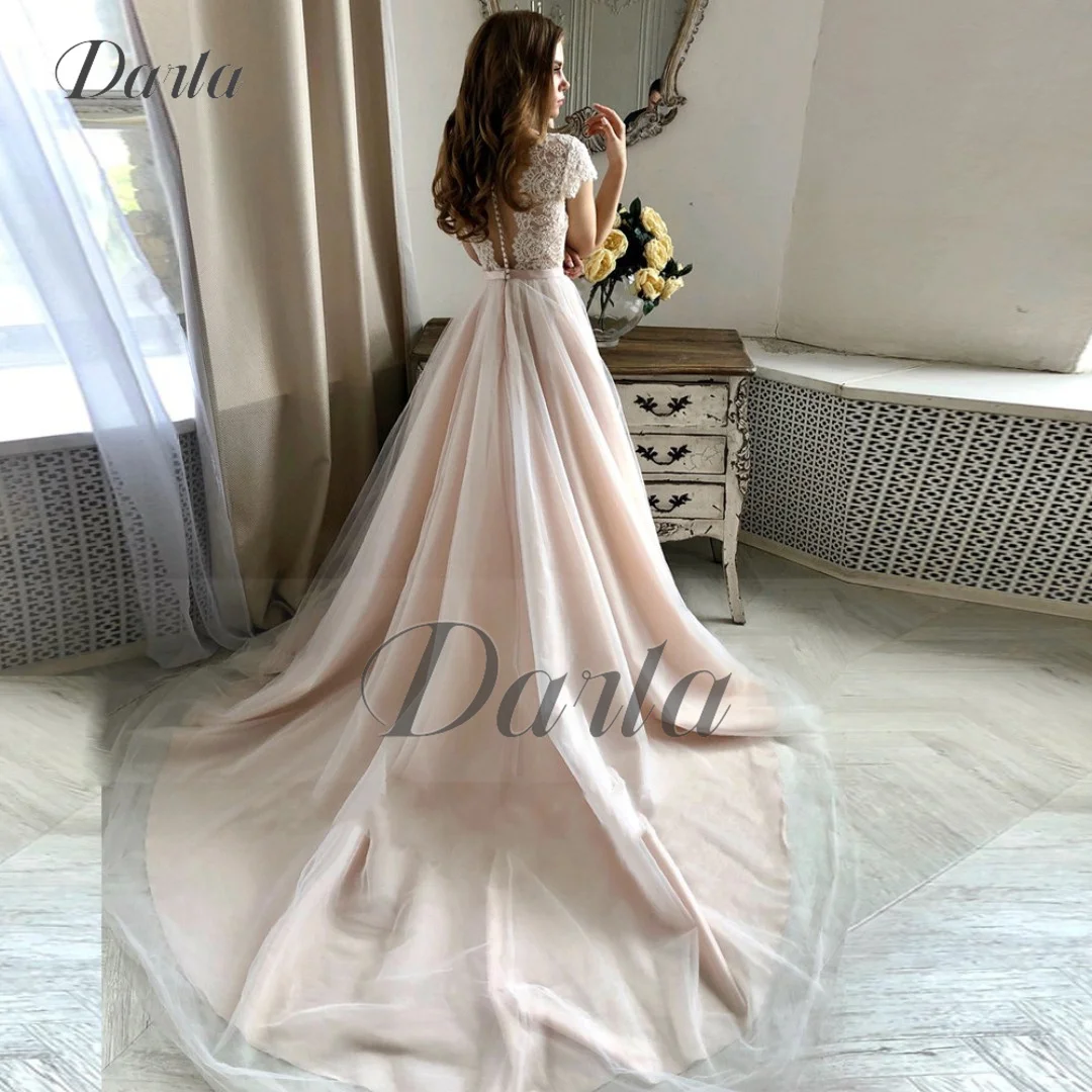 Elegante Tüll rosa Futter eine Linie Gürtel Brautkleid V-Ausschnitt Flügel ärmel Brautkleid Knopf Stickerei Brautkleid nach Maß 2024