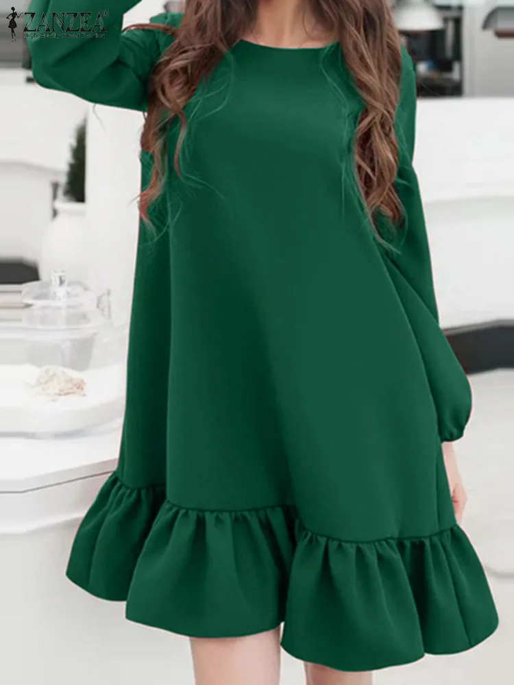 

ZANZEA Women O-neck Ruffled Mini Dresses 2024 Summer Long Puff Sleeve Vestidos Vintage Solid Color Sundress Casual Loose Dress