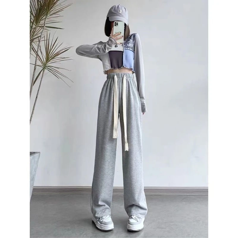 Autumn Winter New Fashion Elastic Waist Drawstring Solid Women's Clothing Wide Leg Trousers Button Casual Korean All-match Pants