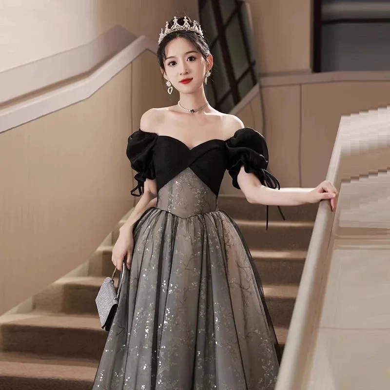 French Style Black Evening Dress Elegant Off Shoulder Puff Sleeves Quinceanera Dresses Shiny Applique A-line Long Prom Gown