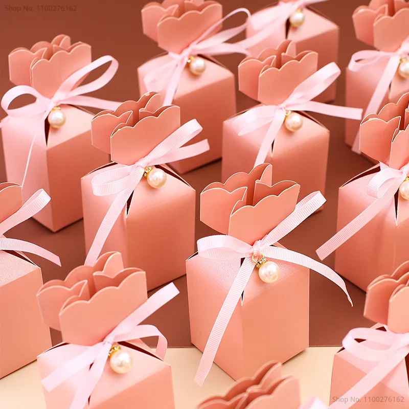 20pcs/Lot Gift Cardboard Boxes Wholesale Chocolate Sugared Almonds Packaging Pearl Pendant Ribbon Pink Box For Wedding