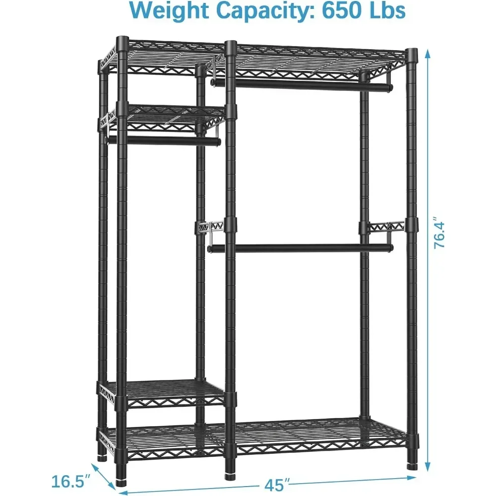 

-Freestanding Closet Metal Wardrobe Closet, 4 Tiers Adjustable Wire Shelving Clothing Racks With 3 Hanging Rods, Black