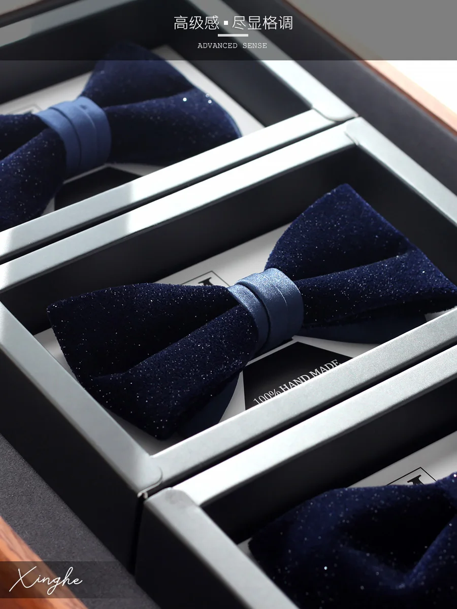 

Navy glisten blue velvet wedding men's groom best man group shiny gift box flower pot bow tie