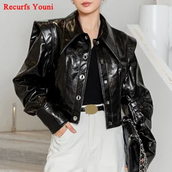 Leather Jacket For Women Streetwear American Vintage High Grade Sheepskin Short Coat Metal Buttons Pointed Neck Chaquetas Bomber