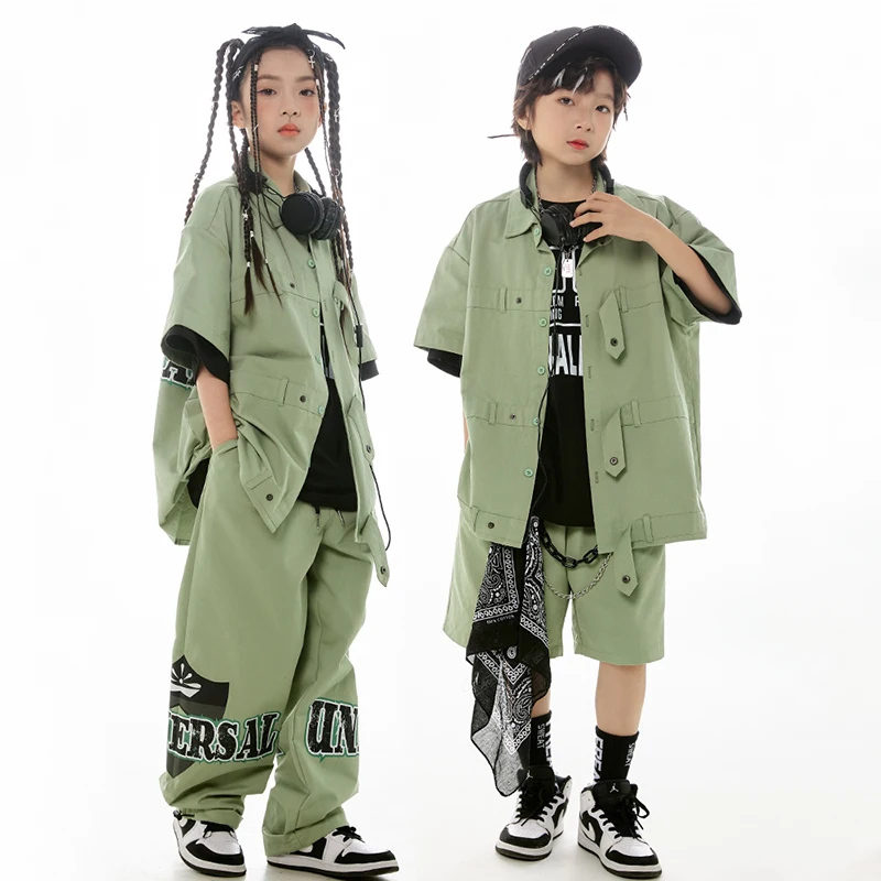 2024 Hip Hop Dance Costume Girls Short Sleeves Green Suit Loose Coat Pants Boys Drum Street Dance Performance Wear Kids BL12951