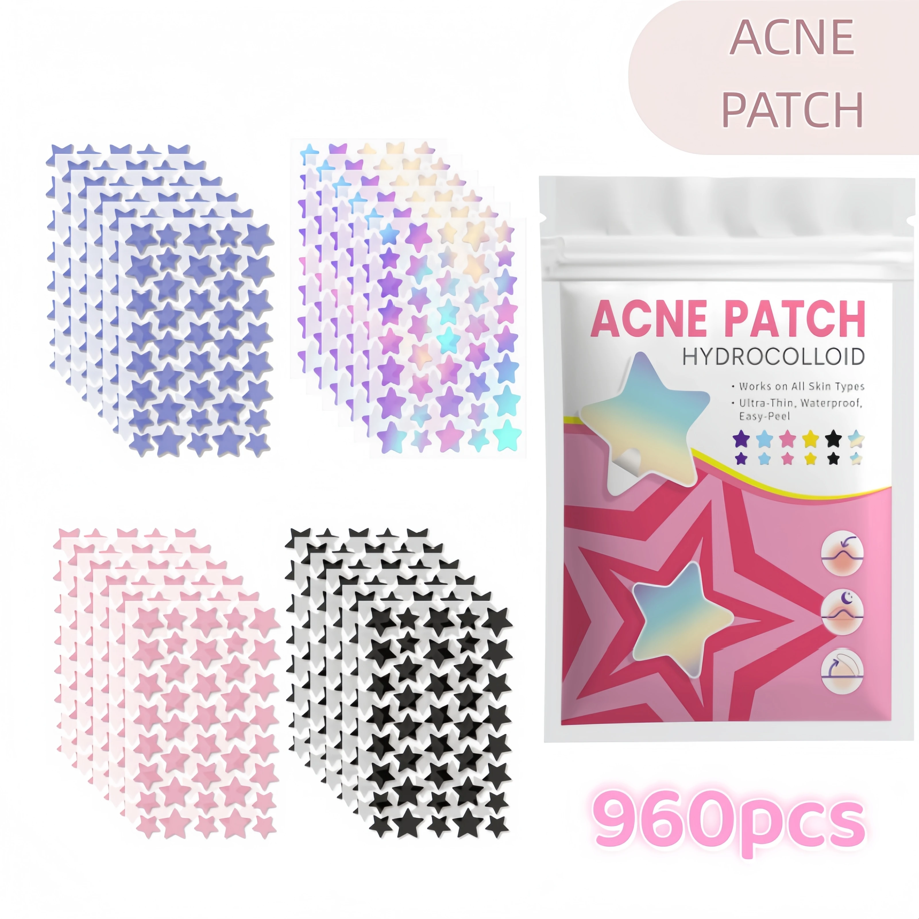 Pimple Patches for Face 480/960Pcs Star Hydrocolloid Acne Patch Cute Colorful Waterproof Blemish Stickers