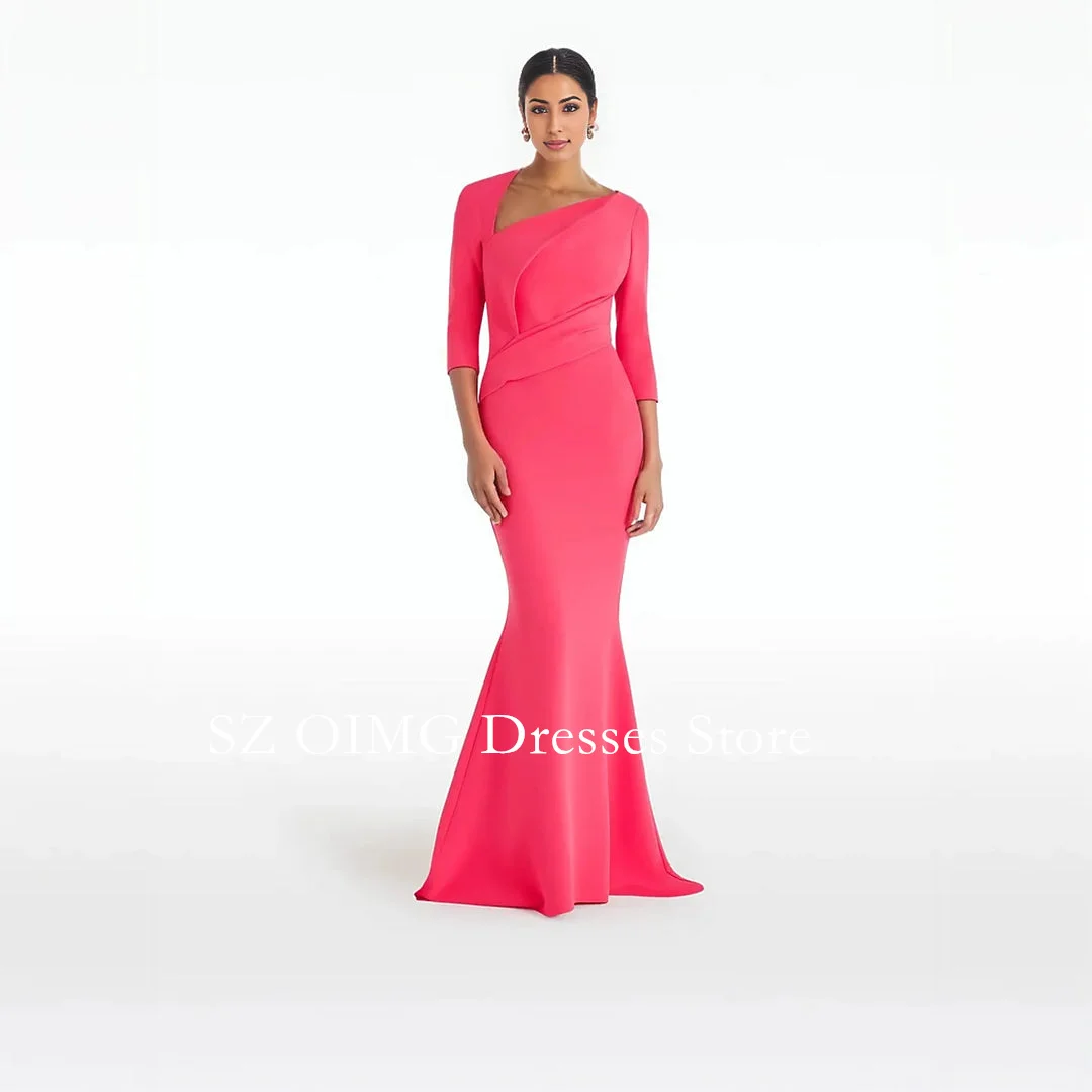 

OIMG 2024 New Women's Maxi Satin Fitted Party Dress Hot Pink Irregular Neck DRESS Mermaid Ruched Prom Dress Party Dress