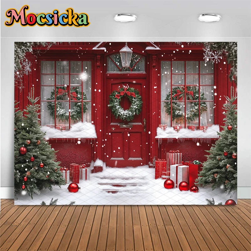 Mocsicka Red House Christmas Background For Photography Gift Tree Party Backdrop  Bow Door Wreath Snow Decor Banner Photocall