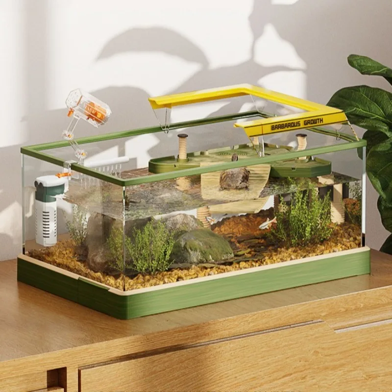 Turtle Terrarium Glass Anti-escape Turtle Fish Tank with Filter and Lamp Landscaping Turtles Breeding Tank Turtles House Habitat