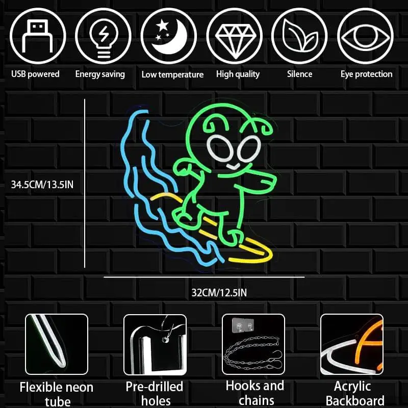 Alien Surfing Neon Sign USB Dimmable LED Neon Lights for Man Cave Bedroom Game Room Bar Pub Party Home Decor Children's Gifts