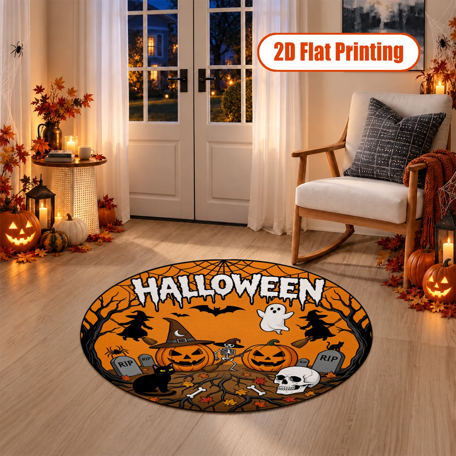 Halloween Spooky Pumpkin Witch Ghost Bat Skull Design Round Rug Velvet Machine Washable for Living Room Entryway Dining Room Bedroom Perfect for Halloween Thanksgiving Black Friday Cyber Monday Christmas New Year