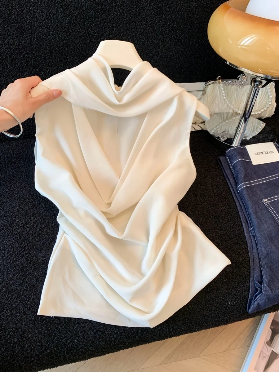 

Элегантный белый шифоновый топ без рукавов с открытой горловиной, женская летняя верхняя одежда, приталенный крой, высококачественный красивый жилет с открытой спиной