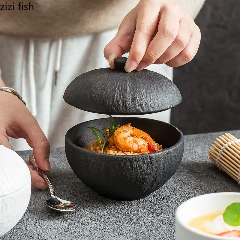 

Stone Patterned Frosted Ceramic Bowl with Lid Solid Color Dessert Bowl Oat Bowl Yogurt Bowls Soup Bowls Ceramic Tableware