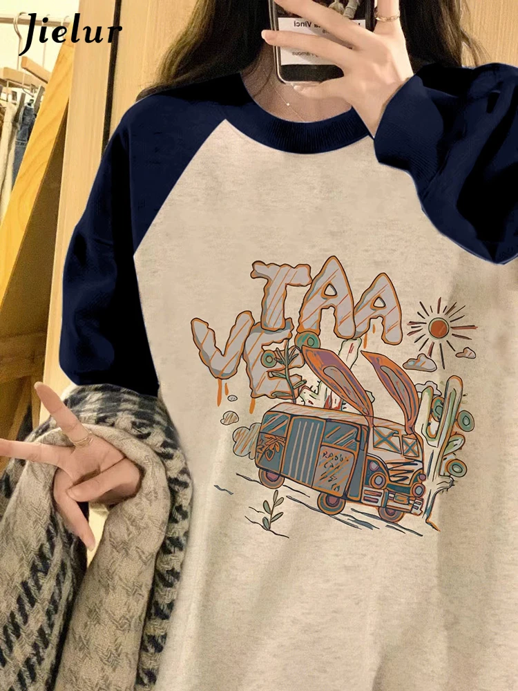 

Jielur O-neck Loose Street Contrast Color Women Hoodies Basic Chic Print Simple Casual Pullovers Fashion 3-colors Female Hoodies