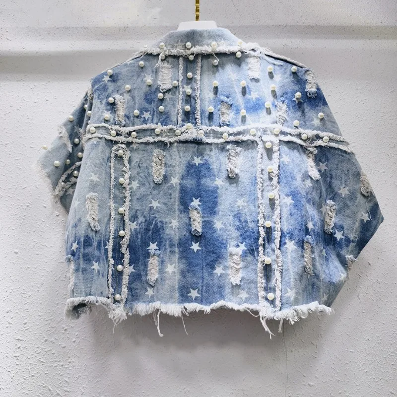 Ins Style Rough-edged Denim Jacket Women's Fashion 2024 Early Autumn New Loose And Thin Heavy Industry Beaded Jaquetas Outwear