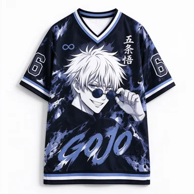 Jujutsu Battle Gojo Gojo No. 6 Mesh Shirt V-neck Breathable Ink Splash Background Anime Character Pattern Casual Sports Shirt