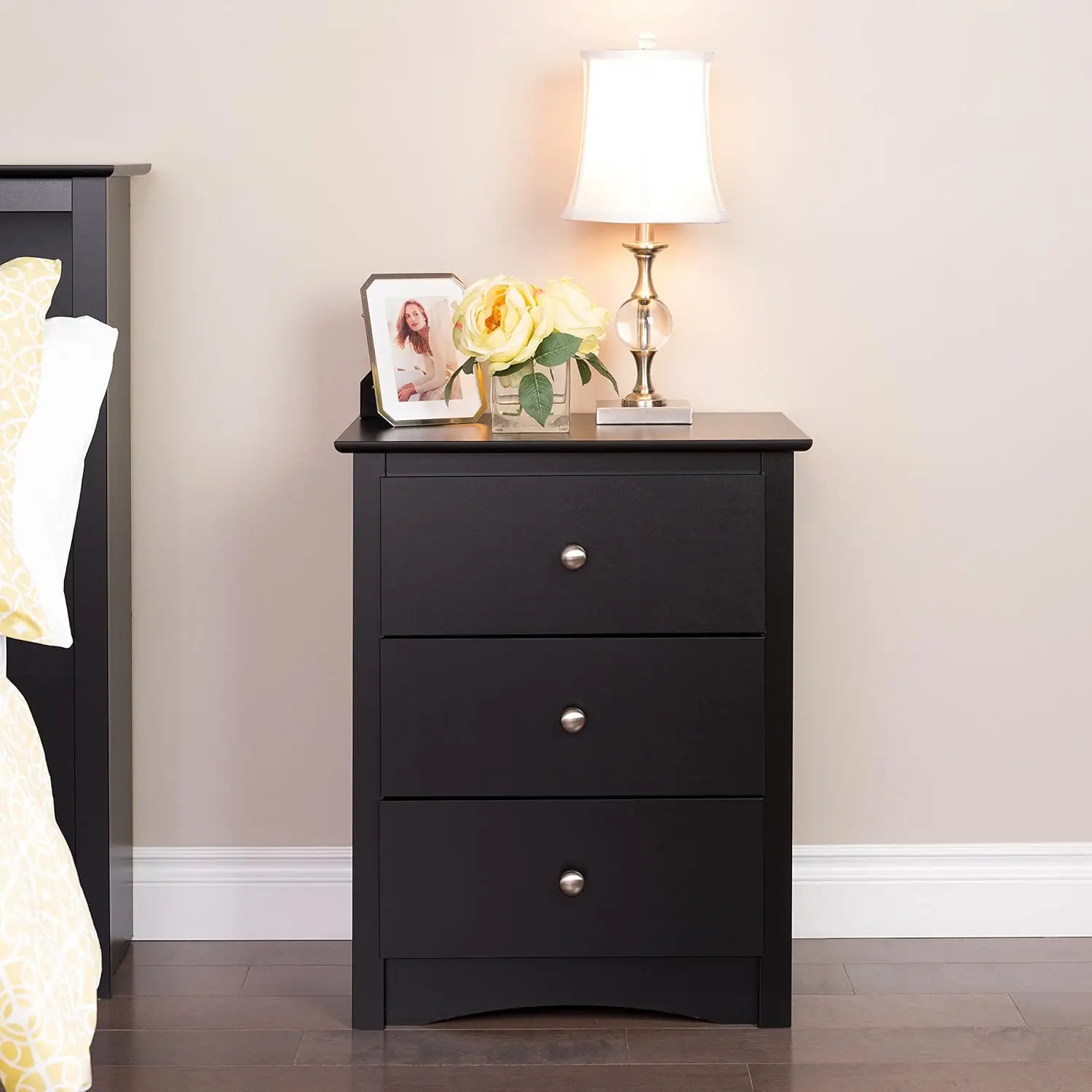 Traditional Tall Nightstand Side Table with 3 Drawers, Functional Tall 3-Drawer Bedside Table