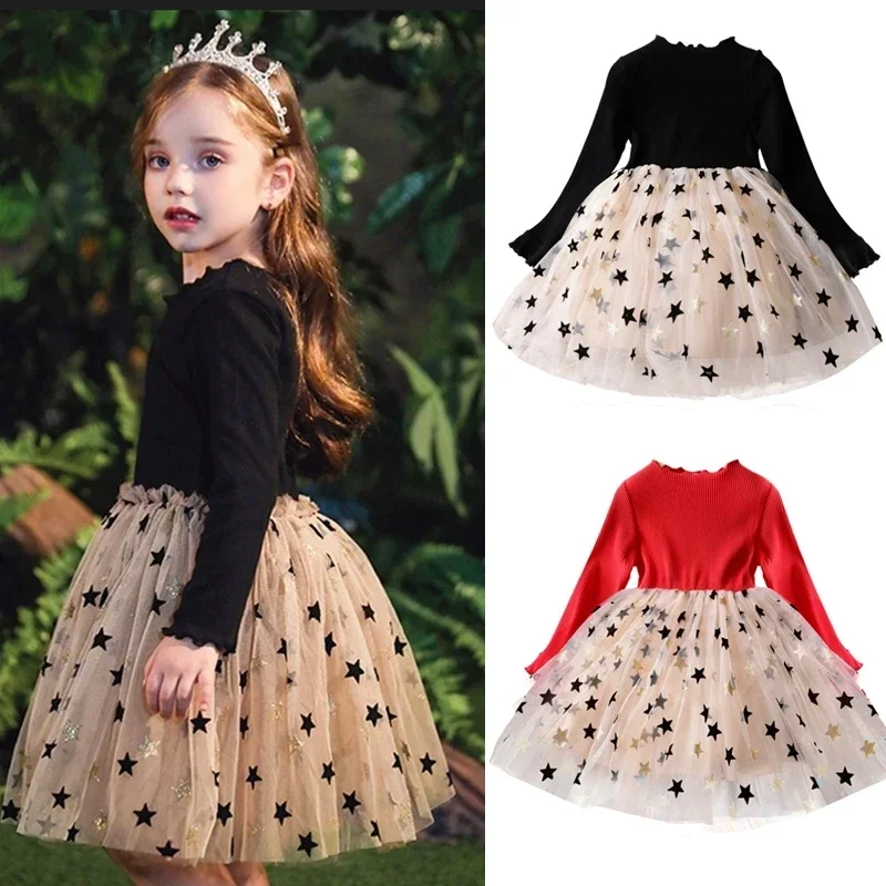 New Girl Autumn Winter Long Sleeve Dress Star Sequin Party Princess Dress Children Casual Clothing Fashion Knitted Tutu Clothing