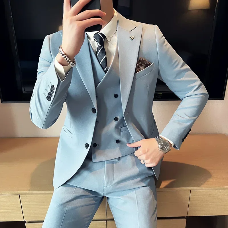 Teal abiti da uomo Slim Fit Groomsmen smoking da sposa tre pezzi abito da sposo con risvolto con visiera blazer formali celebrità con giacca Ves