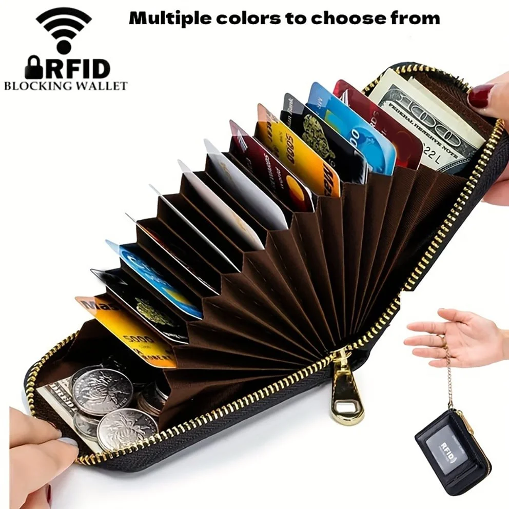 RFID Credit Card Holder, Small Leather Zipper Card Case Wallet with Removable Keychain ID Window