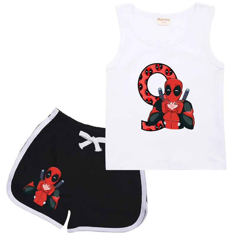 

Summer Children Sports Suit Deadpool Birthday Number 1-14 Kid Vest & Shorts Cartoons Casual Clothes Sleeveless for Girl Boy Sets