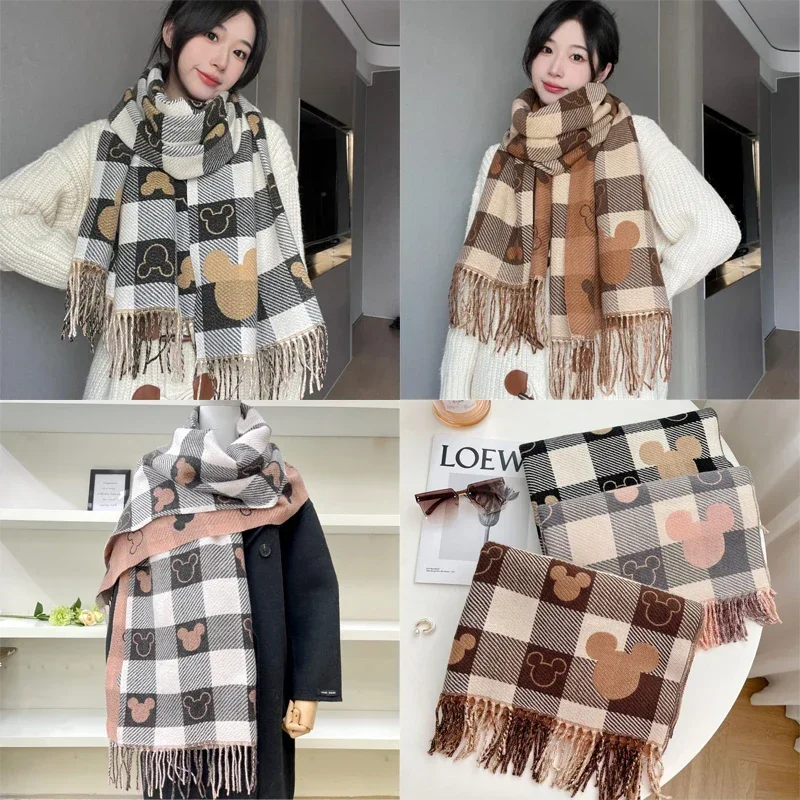 2025 Disney Luxury Winter Cashmere Scarf Women Anime Mickey Mouse Design Warm Pashmina Blanket Scarves Female Shawl Wraps Gift