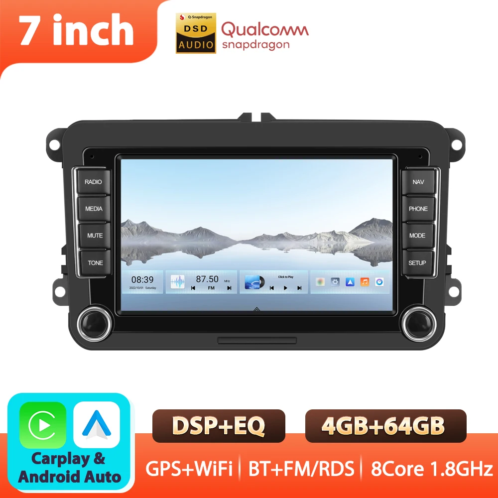 Podofo 7'' 6+128G Autoradio für VW/PASSAT/GOLF/POLO/BORA Multimedia-Player WIFI Carplay Android Auto BT EQ Sound DSP Autoradio