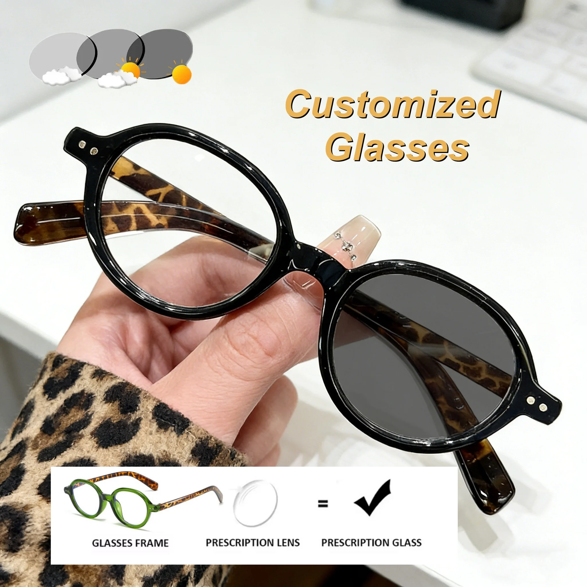 

New Fashion Elliptical Frame Photochromic Women's Customized Glasses Ultra Light Neutral Anti Blue Light Prescription Glasses