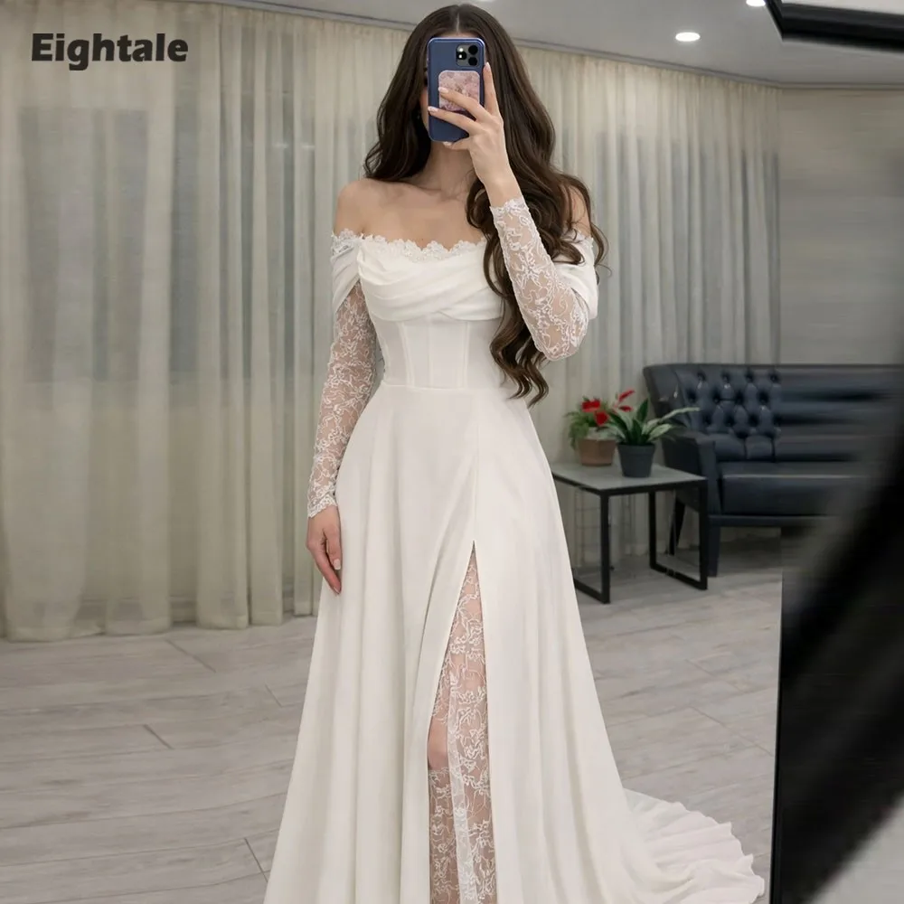 

Eightale Arabic Wedding Dress Customized Ivory Off the Shoulder Bridal Gown Satin Muslim A-Line Bride Party Dress