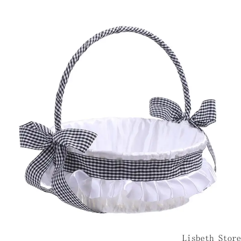 

124A Elegant Black White Checkered Flower Girls Basket With Bows Decoration For Weddings Parties