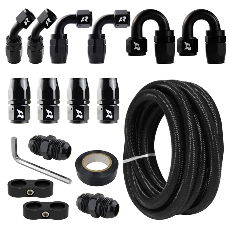 Nylon/Steel Stainless Steel Braided Gas/Oil/Fuel Line Universal 16.4FT 5M AN10 + 10PCS Hose End Fitting Kit Black / Silver