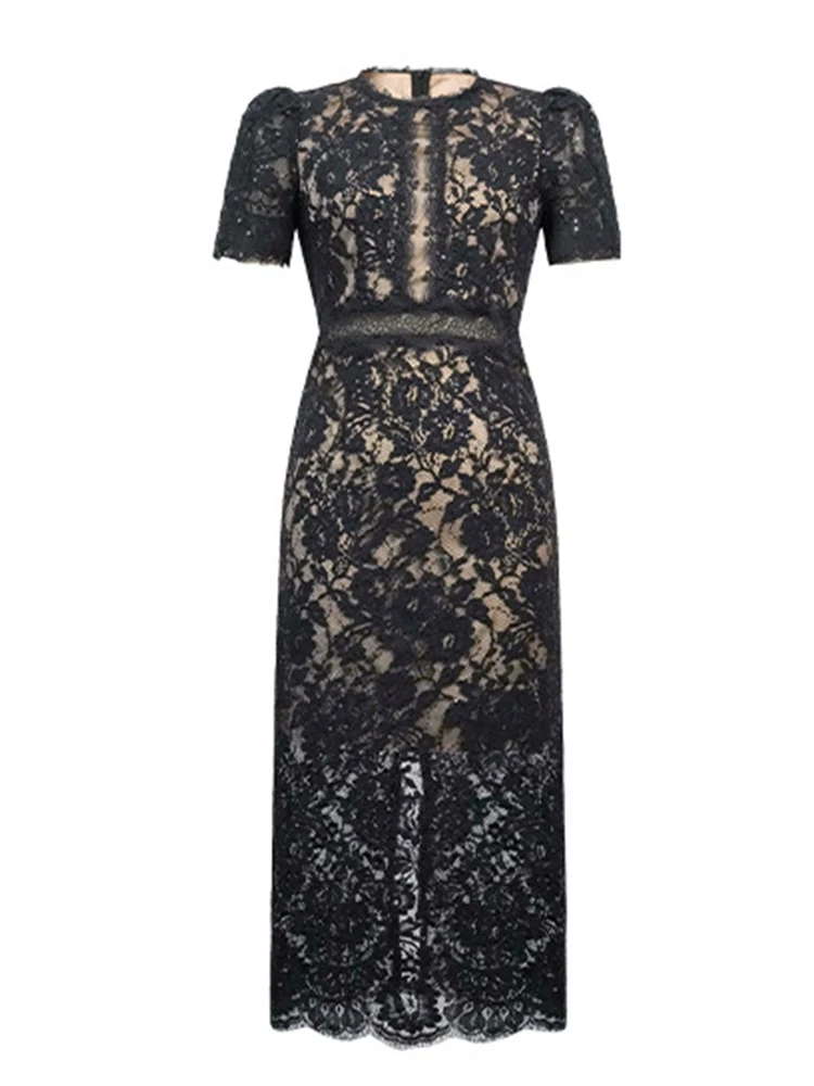 Abito da sera formale elegante in pizzo nero trasparente vintage per le donne Abiti da festa femminili con ricamo floreale con paillettes sexy