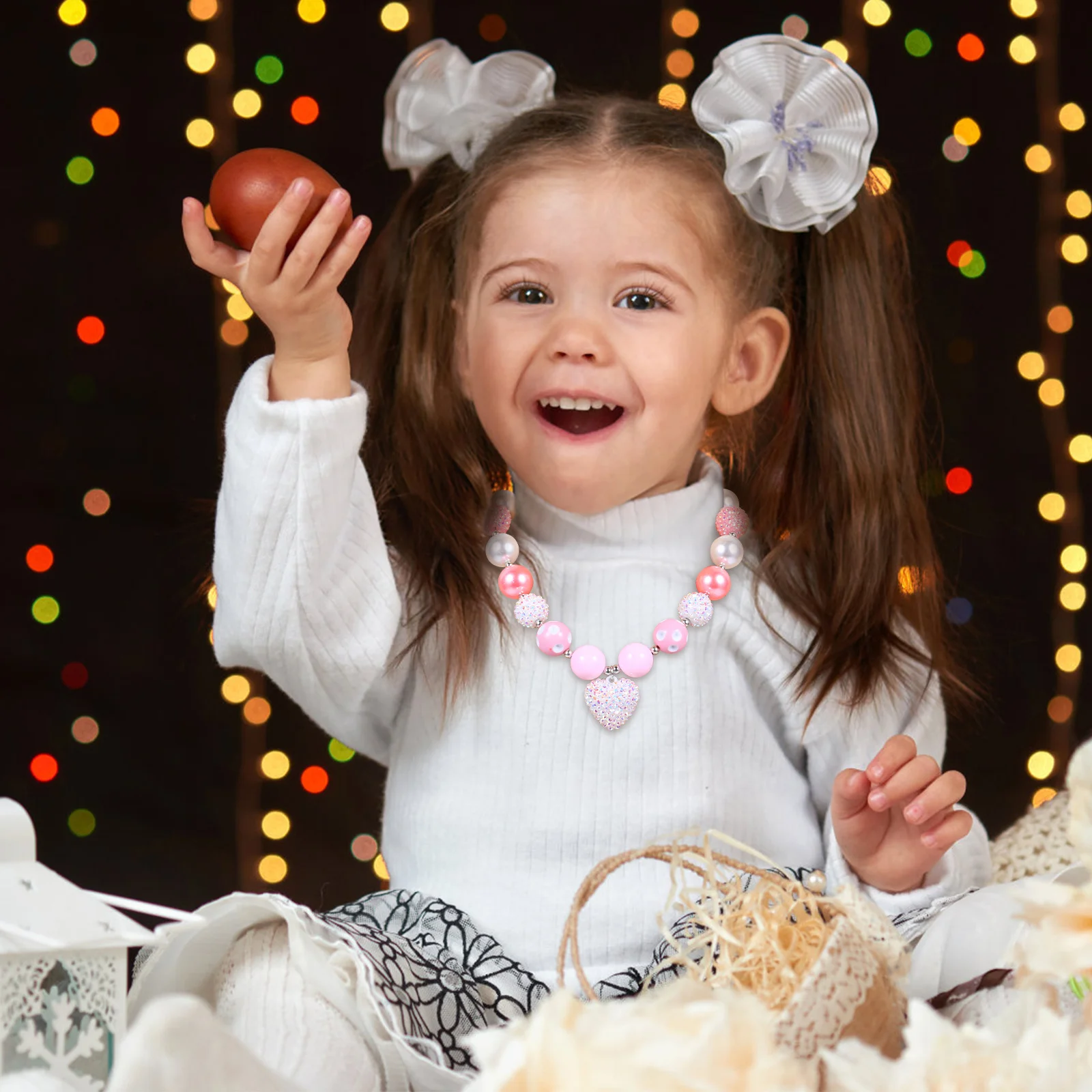 

1Pcs Plastic Beaded Kids Necklace Colorful Pink White Heart Pendant String Beads Jewelry Gift for Girls Party Dress Up