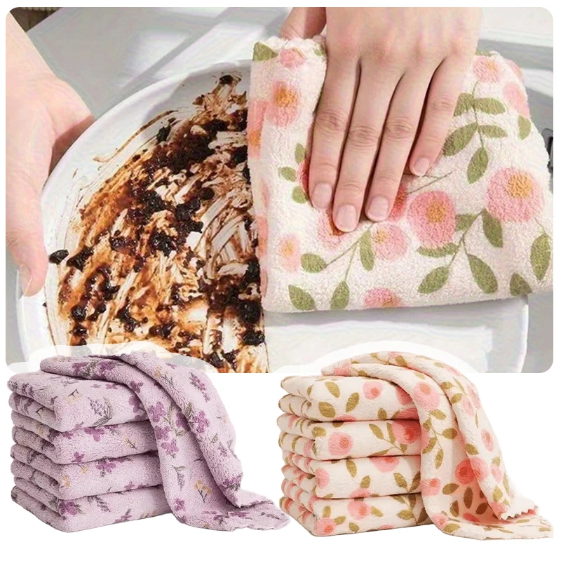 10/20PCS 25x25cm Floral Prints Cleaning Cloth Elegant Towel Soft Absorbent Reusable Rag for Home Kitchen Purple Pink Options ZYF
