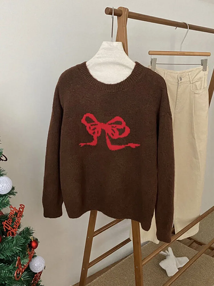 Sweet Knitted Sweater Women Oversized Bow Embroidery Pullover Korean Fashion Casual Jumper All-Match Autumn Winter High Street