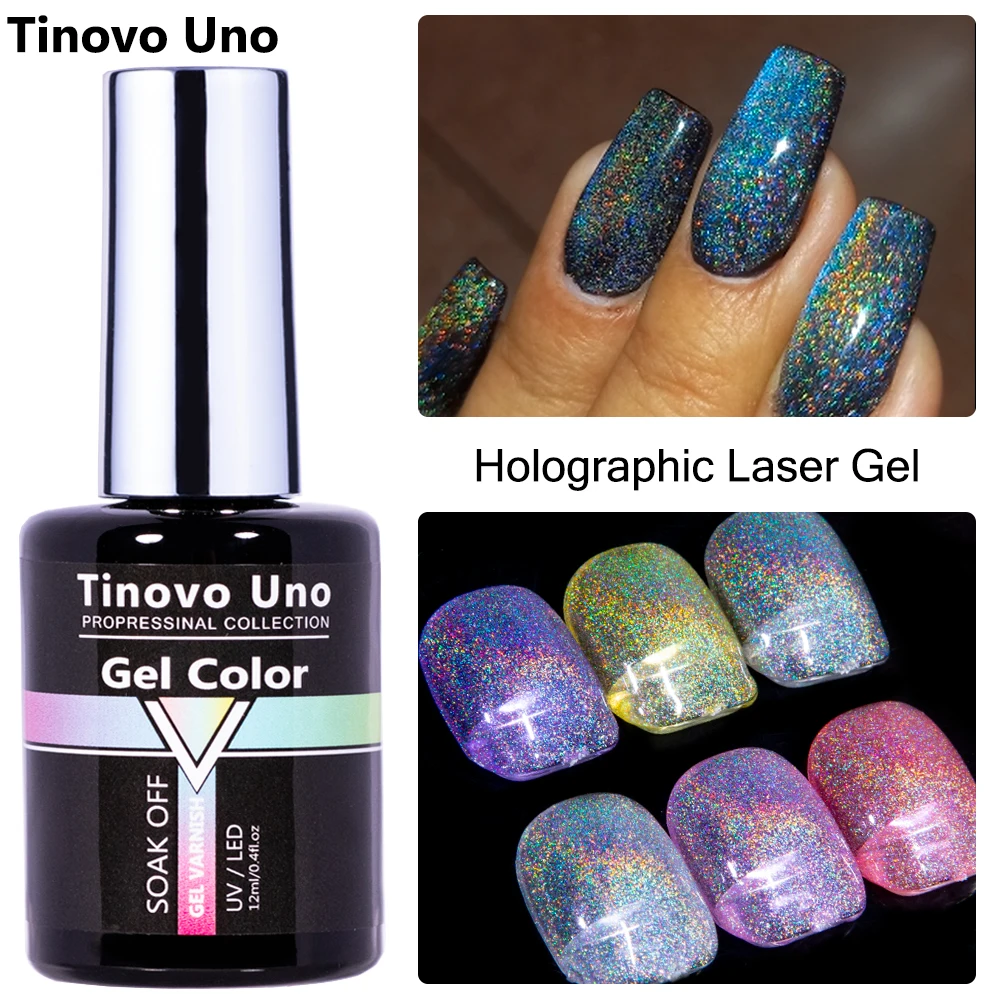 

Tinovo Uno Holographic Gel Nail Polish for Manicure 12ML Semi Permanent UV Sparkle Glitter Laser Gel Varnish Nails Art Supplies