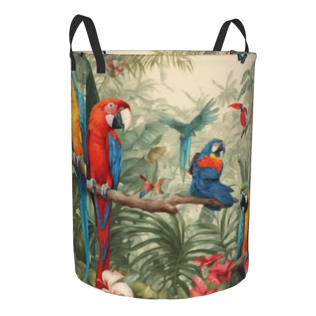 Folding Laundry Basket Macaw In Tropical Rain Forest Round Storage Bin Collapsible Hamper Clothes Bucket Organizer