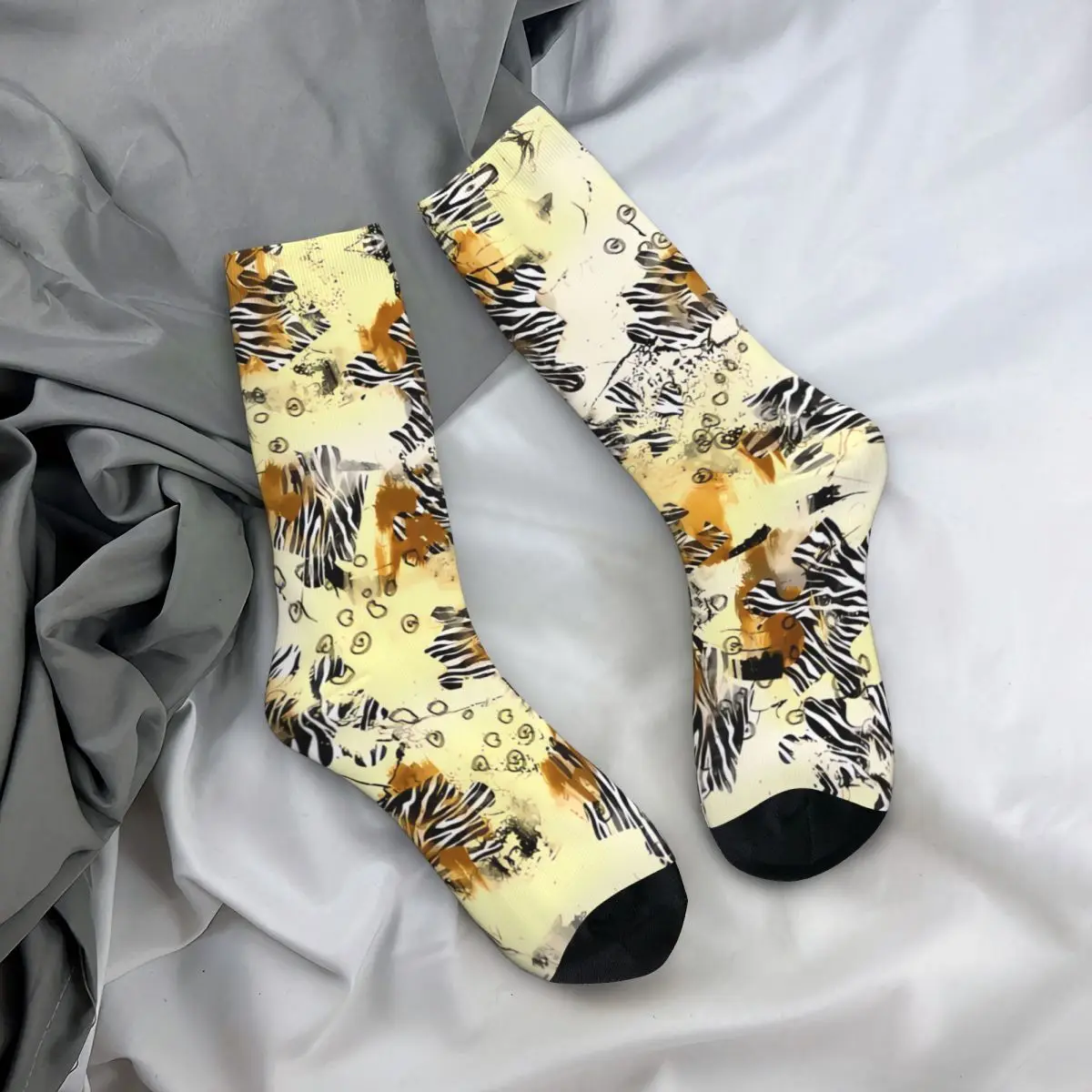 Crazy Sock para hombre, patrón de cebra de rompecabezas con efecto de tinta de salpicaduras y leopardo lineal, Hip Hop, Harajuku, rompecabezas, calcetín redondo