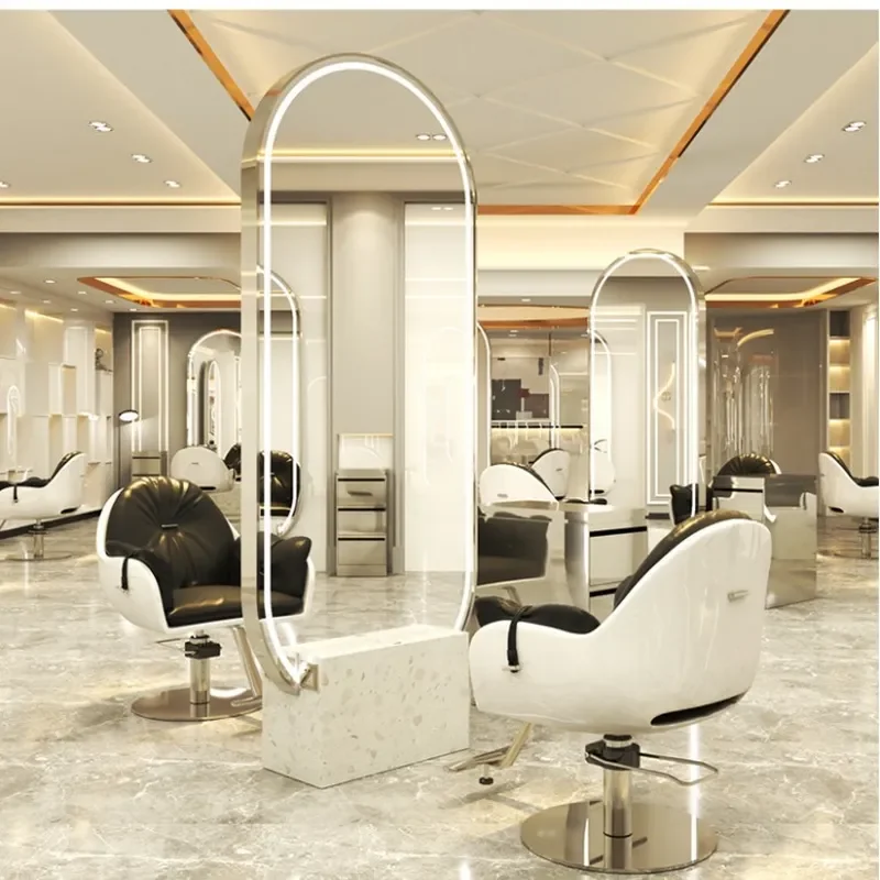 for Barber Mirror Double Sided Hairdressing Shop Table Special for Hair Salon with Marble Base Stainless Steel Frame LED